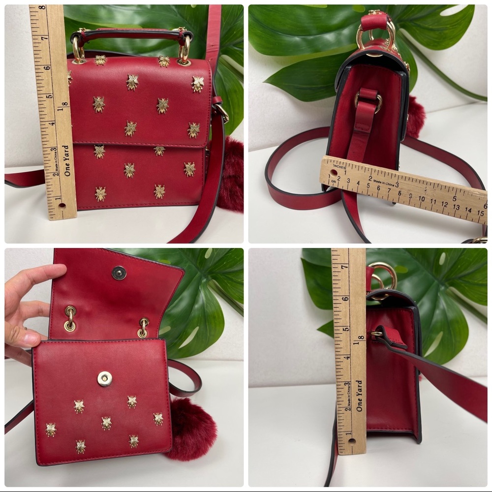 Zara Red Crossbody Bag with Gold Bee Studs and Pom Pom - Picture 12 of 12
